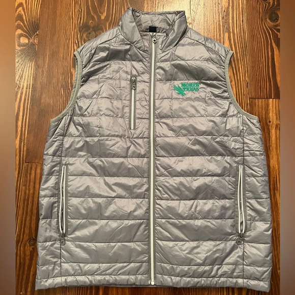 VANTAGE APPAREL Grey Men’s UNT North Texas Zip Up Puffer Vest MEAN GREEN - Picture 2 of 8